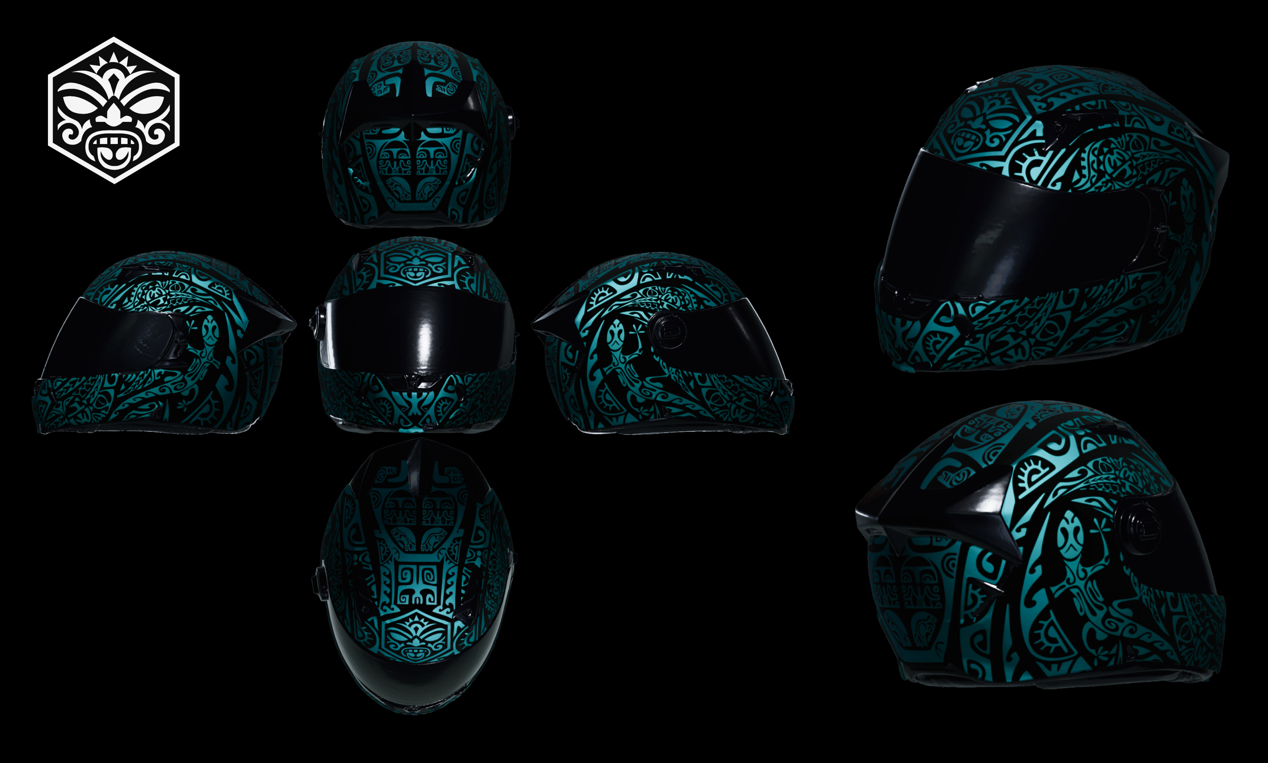 Ukázka polepu helmy — černý tribal design s tyrkysovou grafikou
